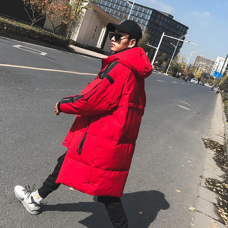 Зимний теплый и красивый пуховик мужской средней длины выше колена, свободная толстая куртка для пар с капюшоном, пальто-парка