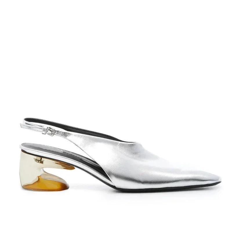 Fashion New Strange Style Heel Black Silver Simple Sandals Summer Solid Color Fashion Square Head 5cm Low Heel Women's Shoes Size 34-43