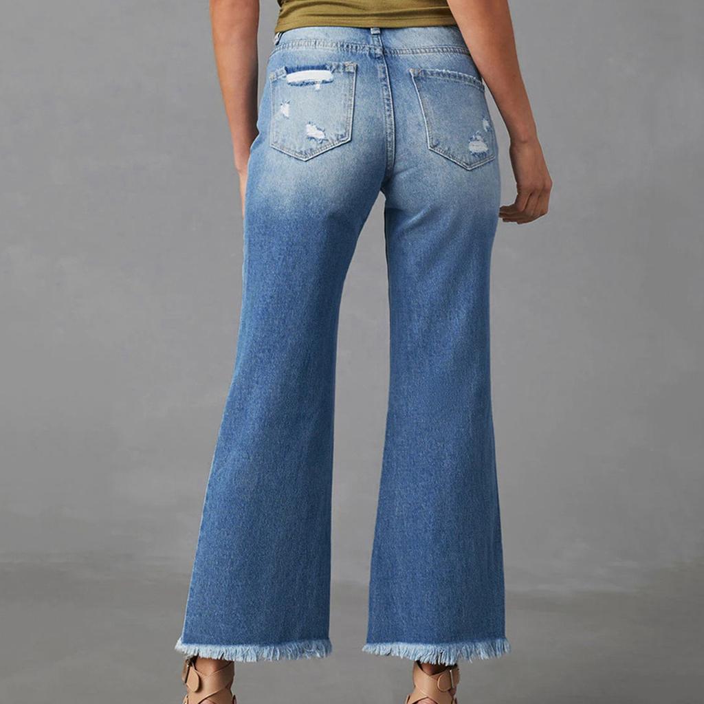 Женские потертые рваные длинные джинсы с бахромой, повседневные брюки прямого кроя