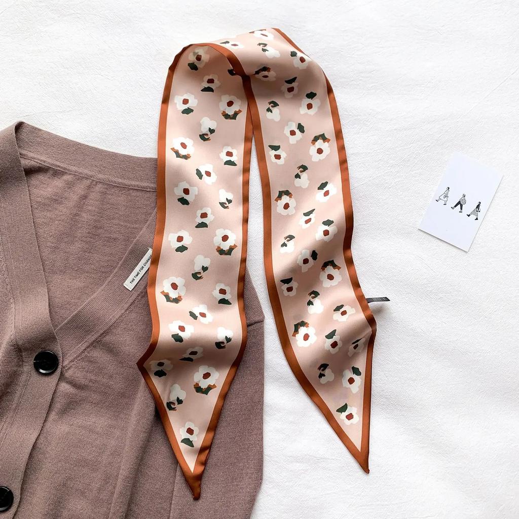 Модный принт шарф с лентой для волос, женский шейный галстук, сумка, шарфы, атласные шелковые узкие платки, женские платки с цветочными полосами, новинка 2022 года