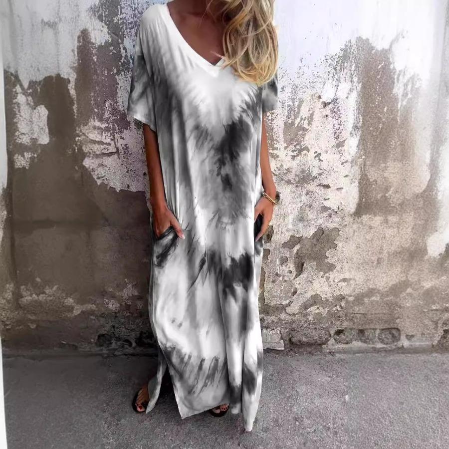 Casual Beach Maxi Tie Dye Printed Dresses Women's Spring Summer Short Sleeve V-neck Plus Size Long Dress