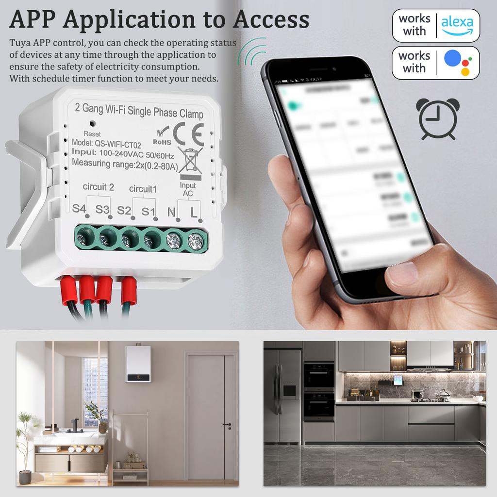 Newest Tuya WiFi Energy Meter 1/2 Gang 80A Single Phase Clamp Solar PV Bidirectional Two Way APP Control Current Transformer