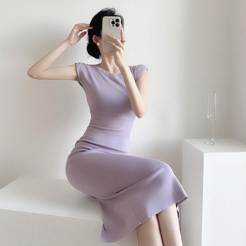 Purple Knit A-Line Midi Dress With Cap Sleeves High Waist Slim Fit Women Elegant Casual Party Wear
