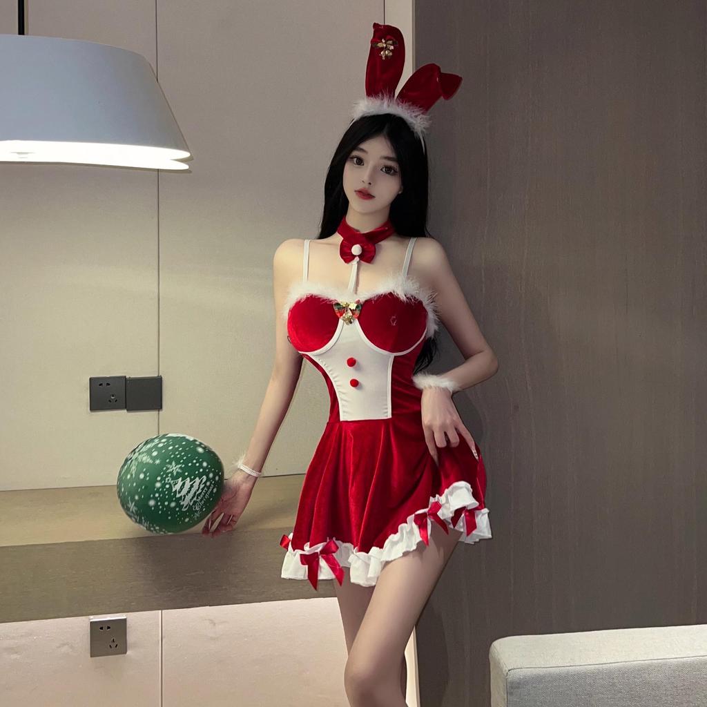 Seductive Red Christmas Lingerie Dress with Bunny Girl Accessories