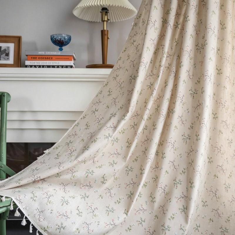 French Country Floral Curtains With Tassel Trim Cotton Linen Blend Semi-Sheer Window Treatment Kitchen Balcony Bedroom