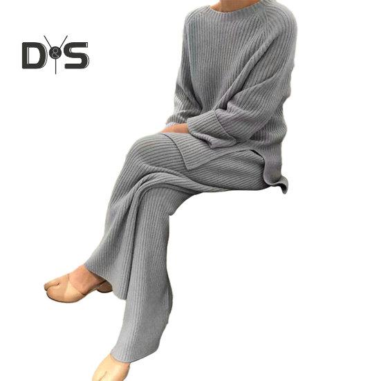 Женский комплект из 2 шт./компл., свитер, брюки, вязаный эластичный круглый вырез, свободный, с широкими штанинами, с эластичной резинкой на талии, толстый, мягкий, теплый, домашняя одежда, одежда для сна, женская зимняя осень