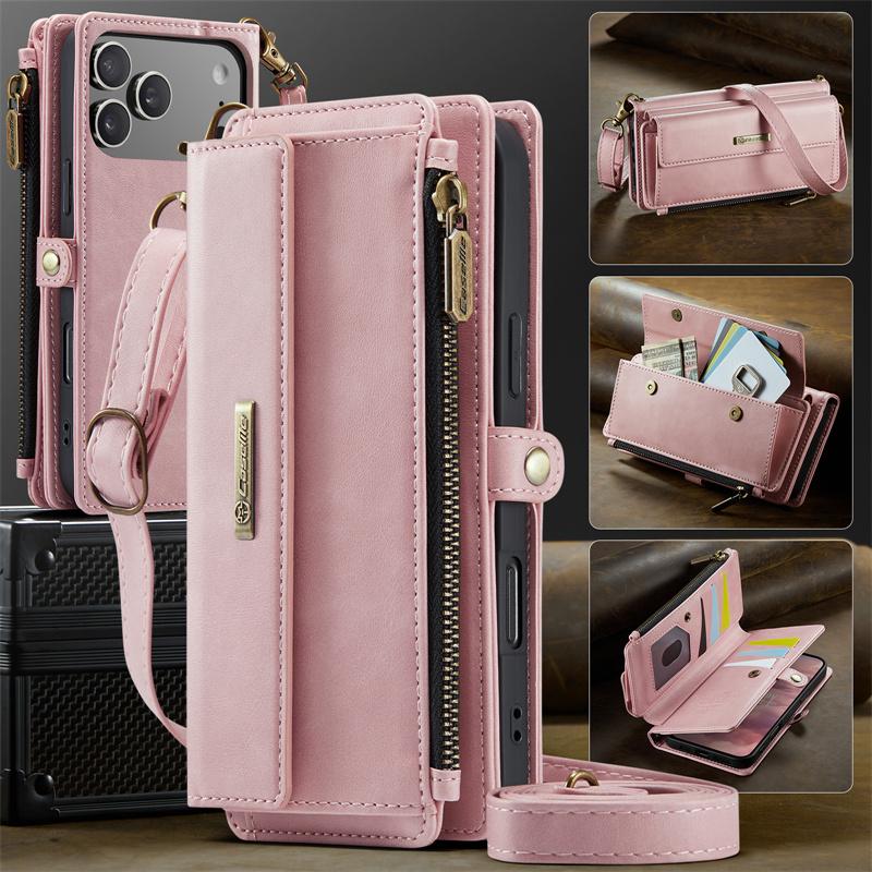 CaseMe Кожаный чехол-книжка для iPhone 17 Pro Max 17E Air 16 Plus 16E 15 14 13 12 11 X XS XR SE 2022 8 с длинным ремешком, кошельком на молнии, обложкой для нескольких карт