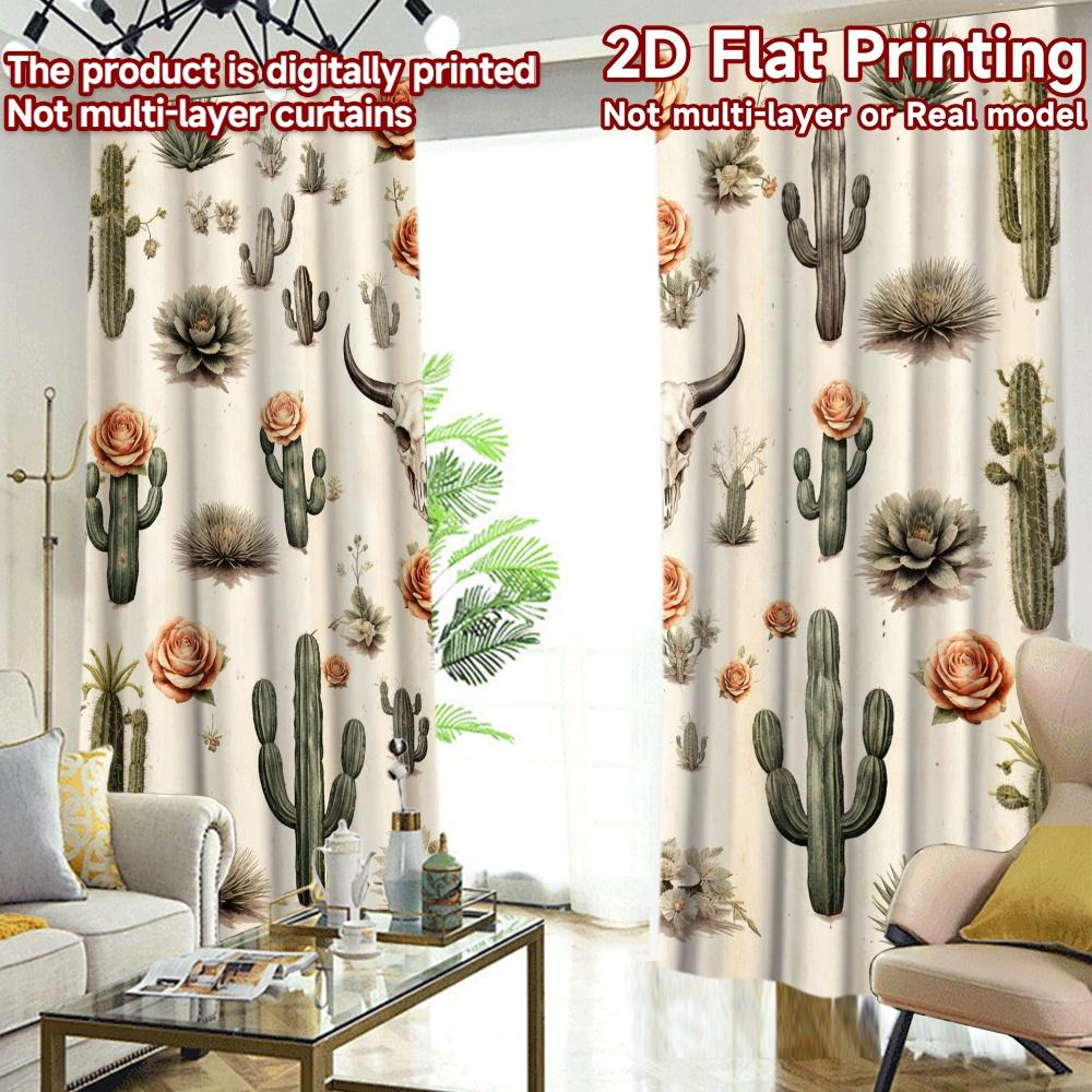 2D FLAT PRINTING 2pcs Curtains (Without Rod) Western Cacti and Roses Creative Chic Curtains Versatile Durable Polyester Curtains