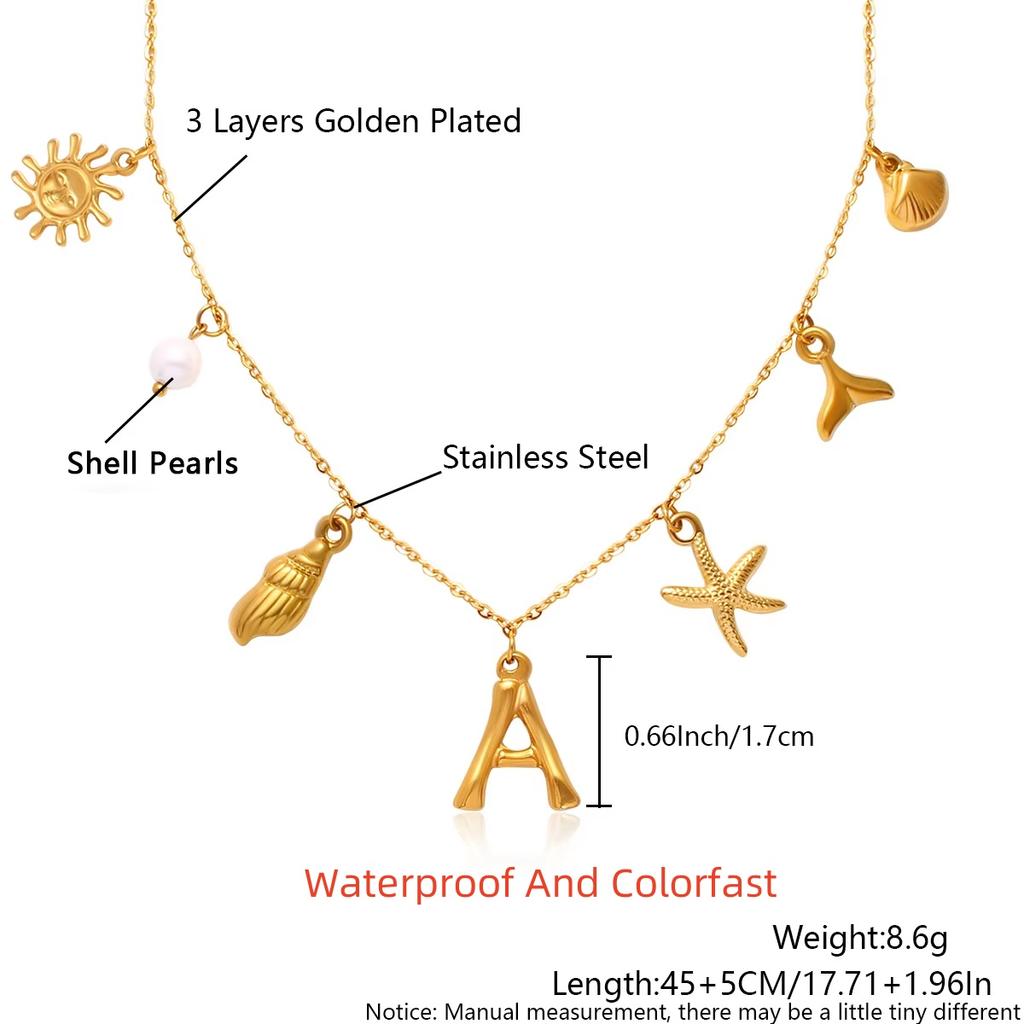 MHS.SUN Starfish Shell Initial Necklace Waterproof 18K Gold Plated Stainless Steel Charm Necklaces Surfer Girl Summer Beach Gift