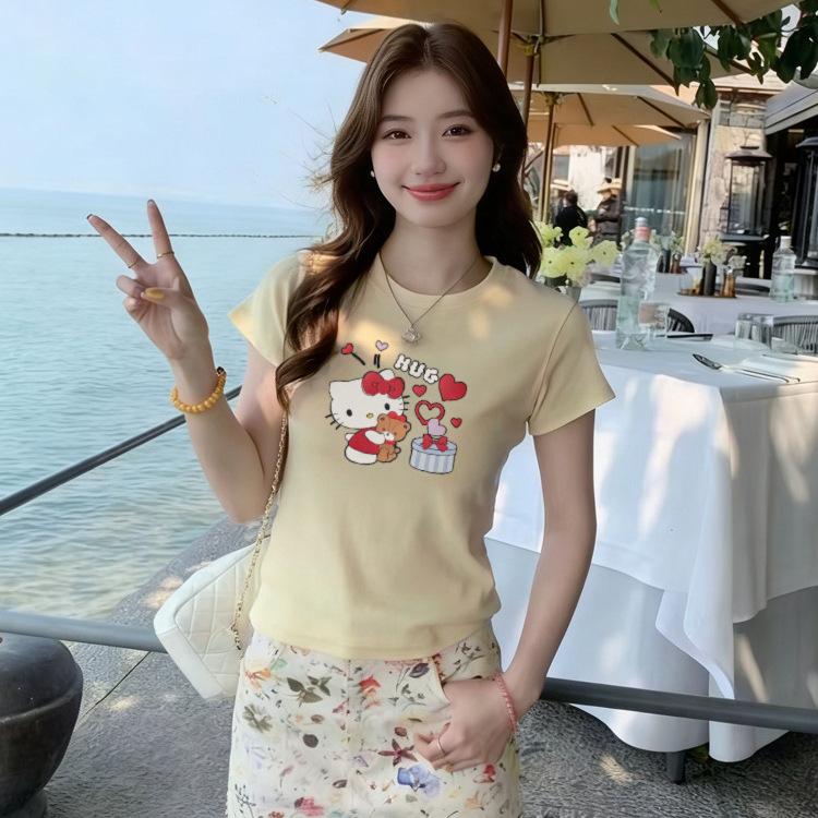 New white gray round neck front shoulder short sleeve T-shirt women's American cartoon kt cat print pure cotton summer top