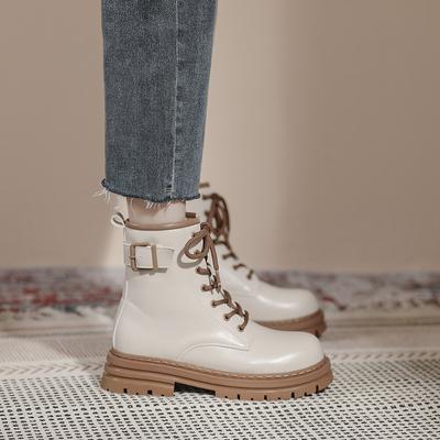 Weiwei Girl 68-3 Платформа Ботинки Мартин Женские Короткие Ретро Британские Короткие Ботинки На Шнуровке Ботинки Средней Высоты Белые Ботинки
