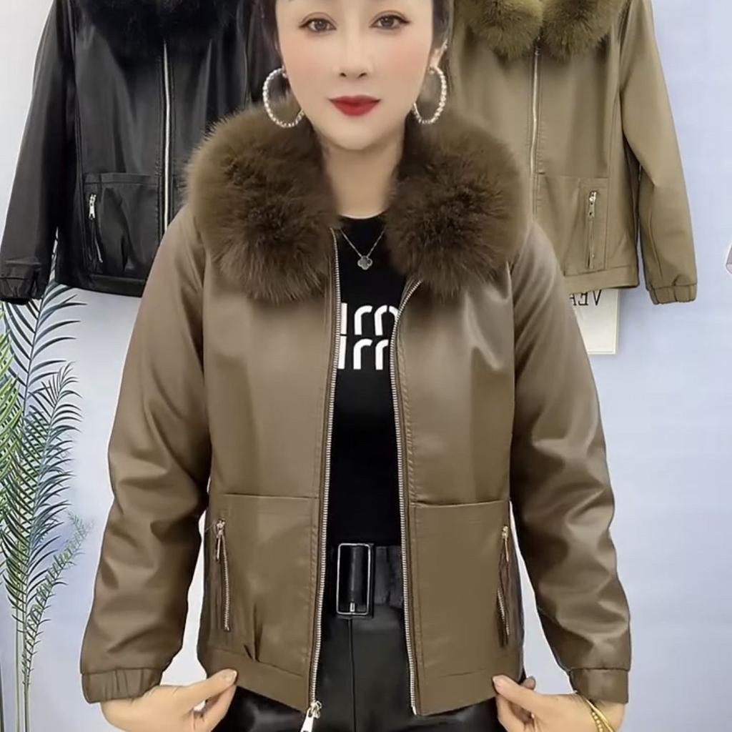 Large Fur Collar Plus Fleece Thick Leather Coat Women Autumn and Winter New Fashion All Match Warm Coat Women Leather Jackets
