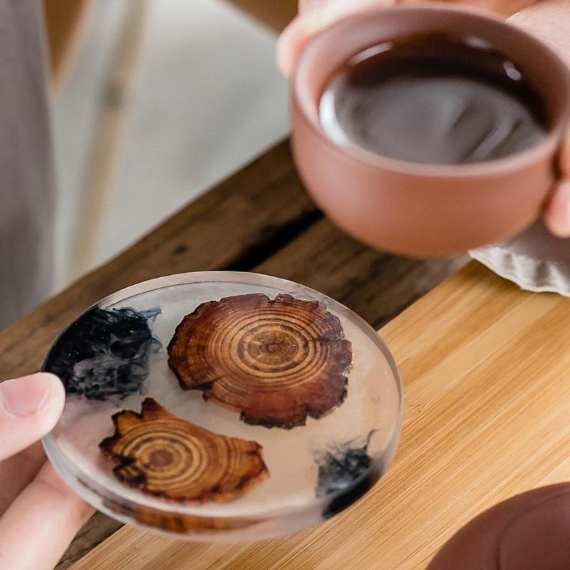 6PCS/SET Creative Resin Pine Coasters Heat-resistant Placemats Drink Mat Tea Coffee Cup Pad Waterproof Non-slip Table Decor Tableware Pad