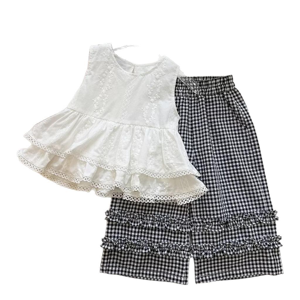 Summer Girls Embroidered Floral Vest And Plaid Ruffle Wide Leg Pants Two Piece Set