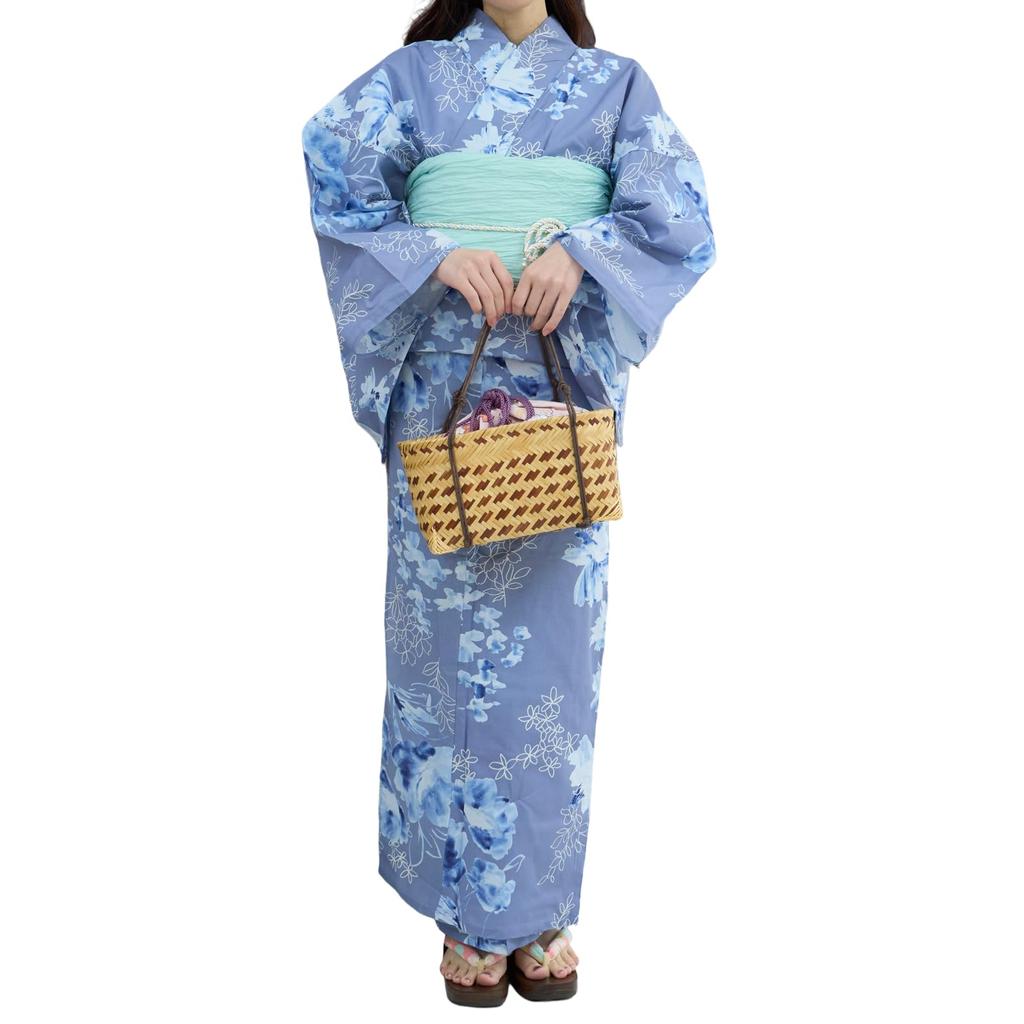 RAVIR Yukata with Watercolor Blue Fluffy Obi and Geta One Size Fits All Women's 3-Piece Set, Gray, Flowers, Belt, Sandals, Blue,