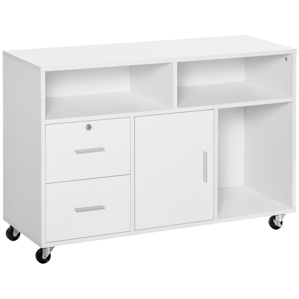 Mobile File Cabinet for Home Office, Lateral Filing Cabinet, Printer Stand with Open Shelves, Lockable Drawer,100cm x 35cm x 65cm, White