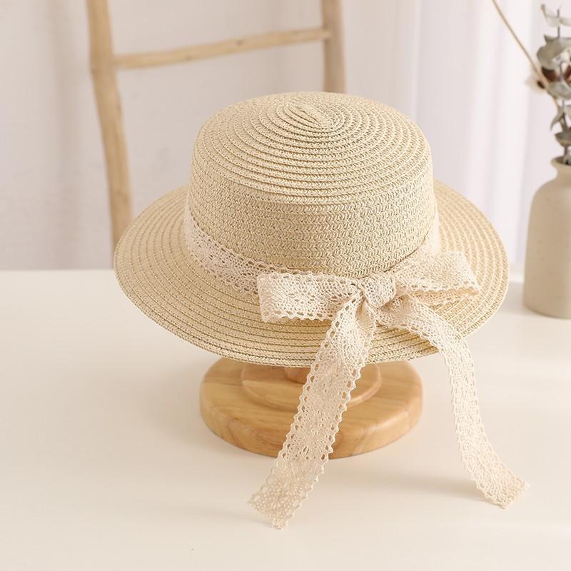 Baby Lace Bowknot Straw Hat Toddler Sun Hat Girls' Beach Hat British Style Top Hat Flat Top Sun Cap