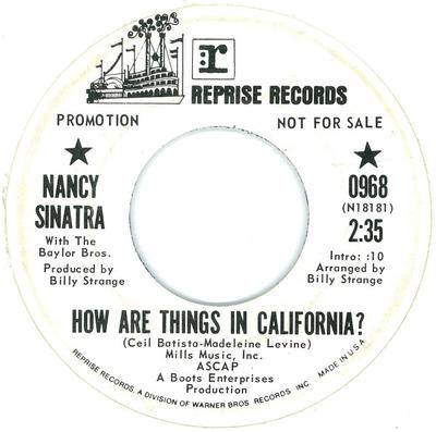 7-дюймовая пластинка НЭНСИ СИНАТРА - Как дела в Калифорнии? 0968ПРОМО REPRISE 1970 US Pop Б/у