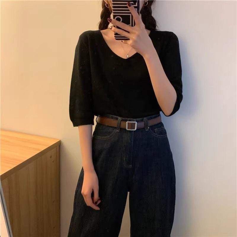 2025 Summer V-Neck Knit Short Sleeve Women's Slimming Top