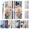 Flip Leather Cover on For iPhone 17 16 15 14 13 12 Pro Max Plus Mini 17 Air Cute Flower Butterfly Printed Wallet Back Phone Case