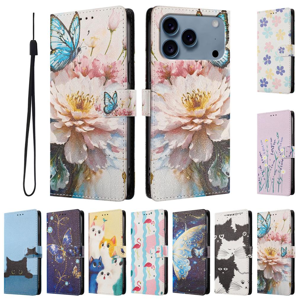 Flip Leather Cover on For iPhone 17 16 15 14 13 12 Pro Max Plus Mini 17 Air Cute Flower Butterfly Printed Wallet Back Phone Case