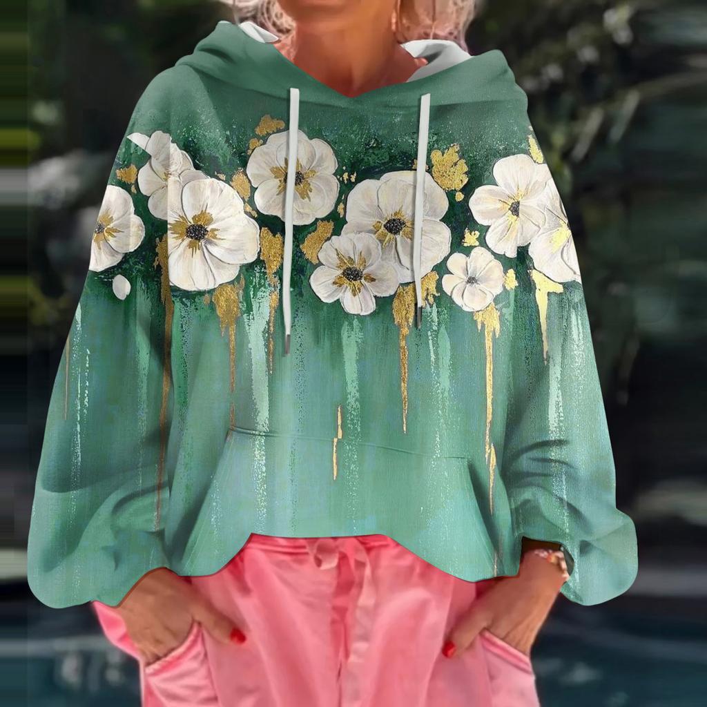 Женский худи свободного кроя с цветочным принтом и длинными рукавами