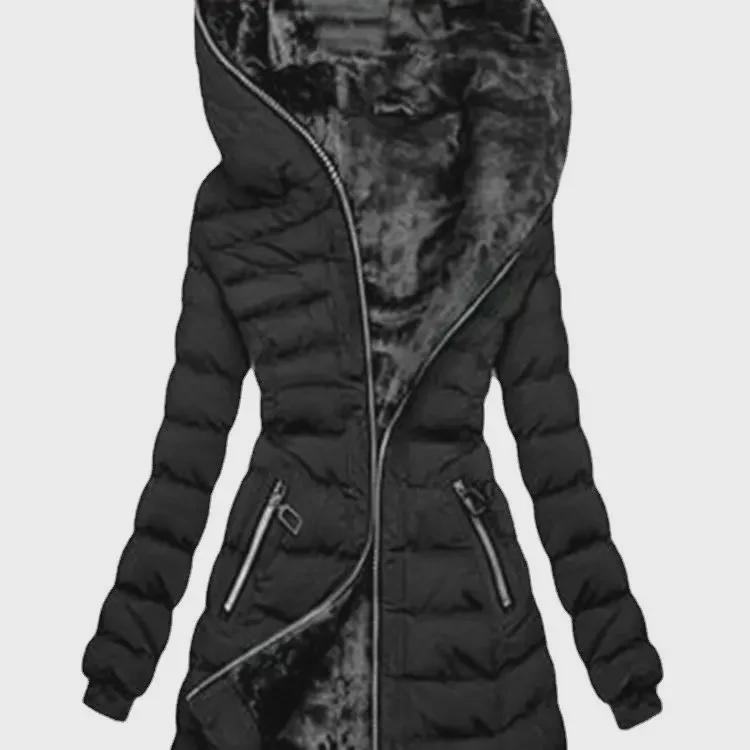 Женская зимняя куртка средней длины из хлопка и бархата с капюшоном и длинными рукавами на молнии