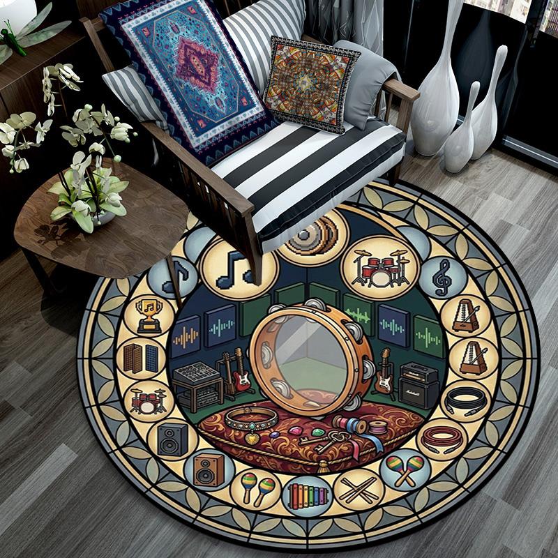 Music Instrument Mandala Round Area Rug Under Office Chairs Bedroom Living Room Home Decor