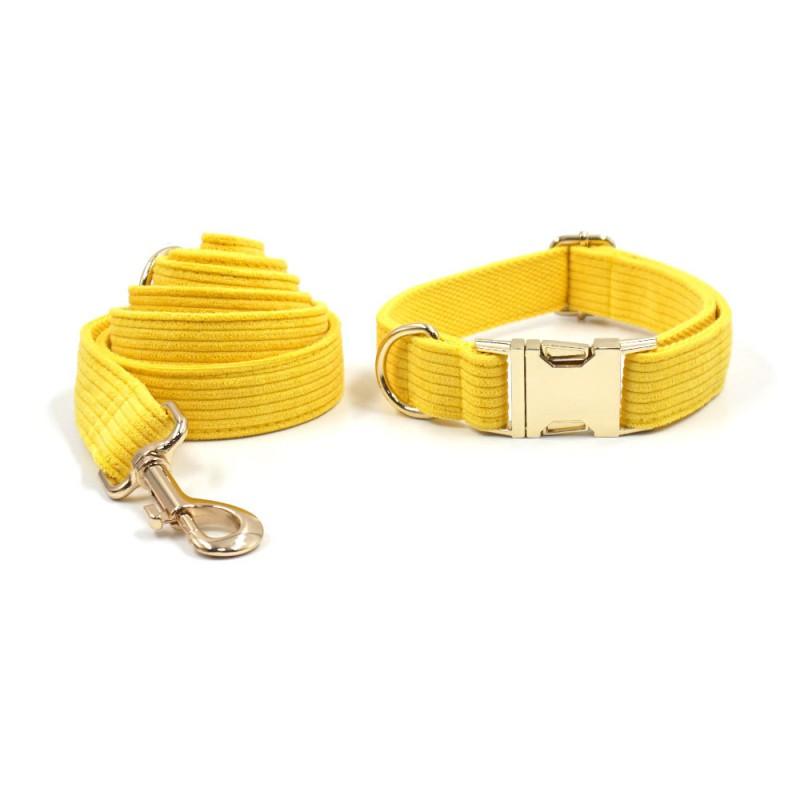 Soft Yellow Corduroy Dog Collar Leash Set With Engraved Metal Buckle Small To Large Breeds
