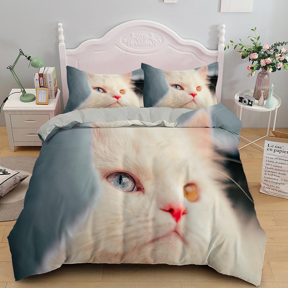 White Cat King Queen Duvet Cover Kawaii Pet Kitty Bedding Set For Kids Teens Adults Family Animal 2/3pcs Polyester Quilt Cover