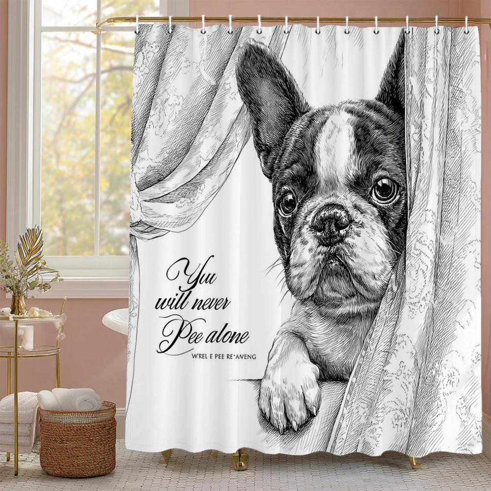 Cartoon Black Dog Shower Curtain, Cute Dog Bathroom Decorative Shower Curtain, Waterproof Shower Curtain With Hooks