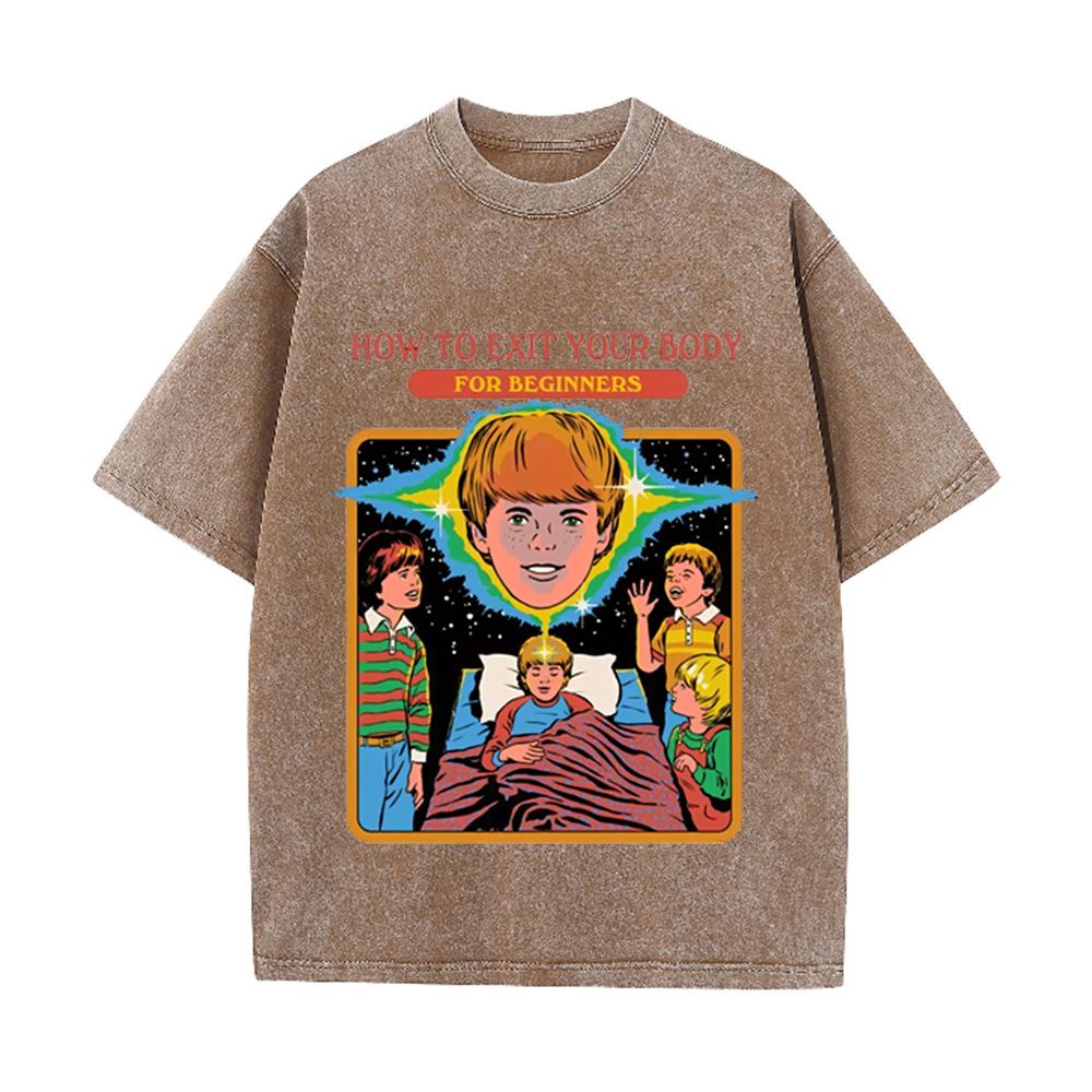 2026 Vintage Washed Beige How To Exit Your Body Retro Psychedelic Cartoon Graphic T Shirt Surreal Kids Print Oversized Streetwea
