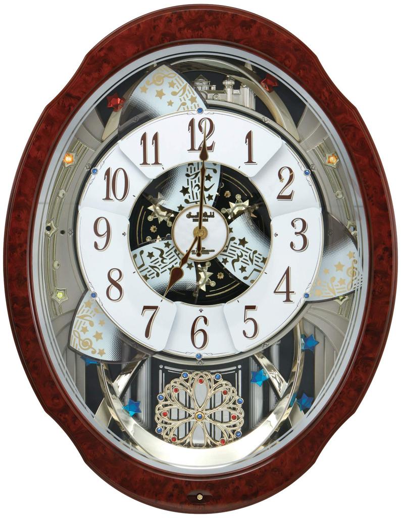 RHYTHM Wall Clock Radio Analog Karakuri Small World Bloom GO 30 Songs Melody Brown Grain Small World 4MN499AZ23 Brown (Wood Finish) 52.1x40.5x12.4cm