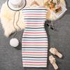 Женская одежда Летний темперамент Элегантный поясной ремень Полосатый круглый вырез с короткими рукавами Длинное платье