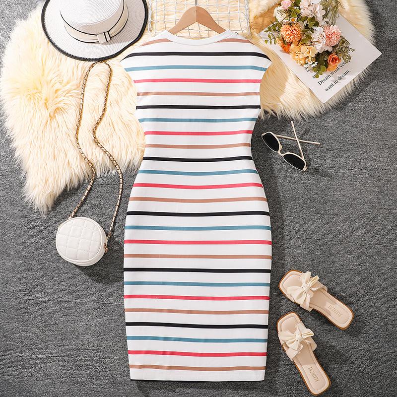 Женская одежда Летний темперамент Элегантный поясной ремень Полосатый круглый вырез с короткими рукавами Длинное платье
