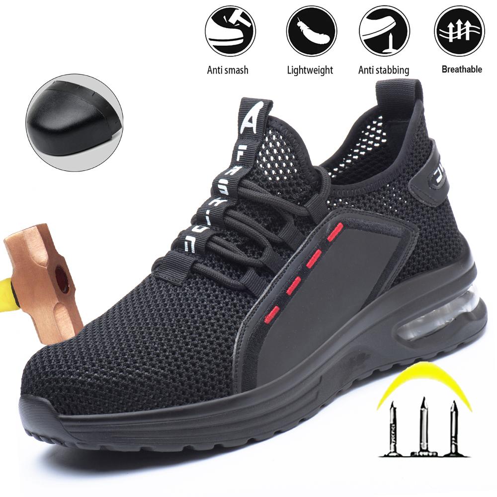 Men's Summer Mesh Safety Shoes Steel Toe Anti- Crush Breathable Lightweight Work Shoes Knitted Upper Kevlar Insertion Proof