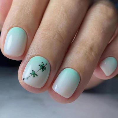 Модные наклейки для ногтей с зелеными листьями - Короткий стиль, Натуральные, Маникюр Mix & Match