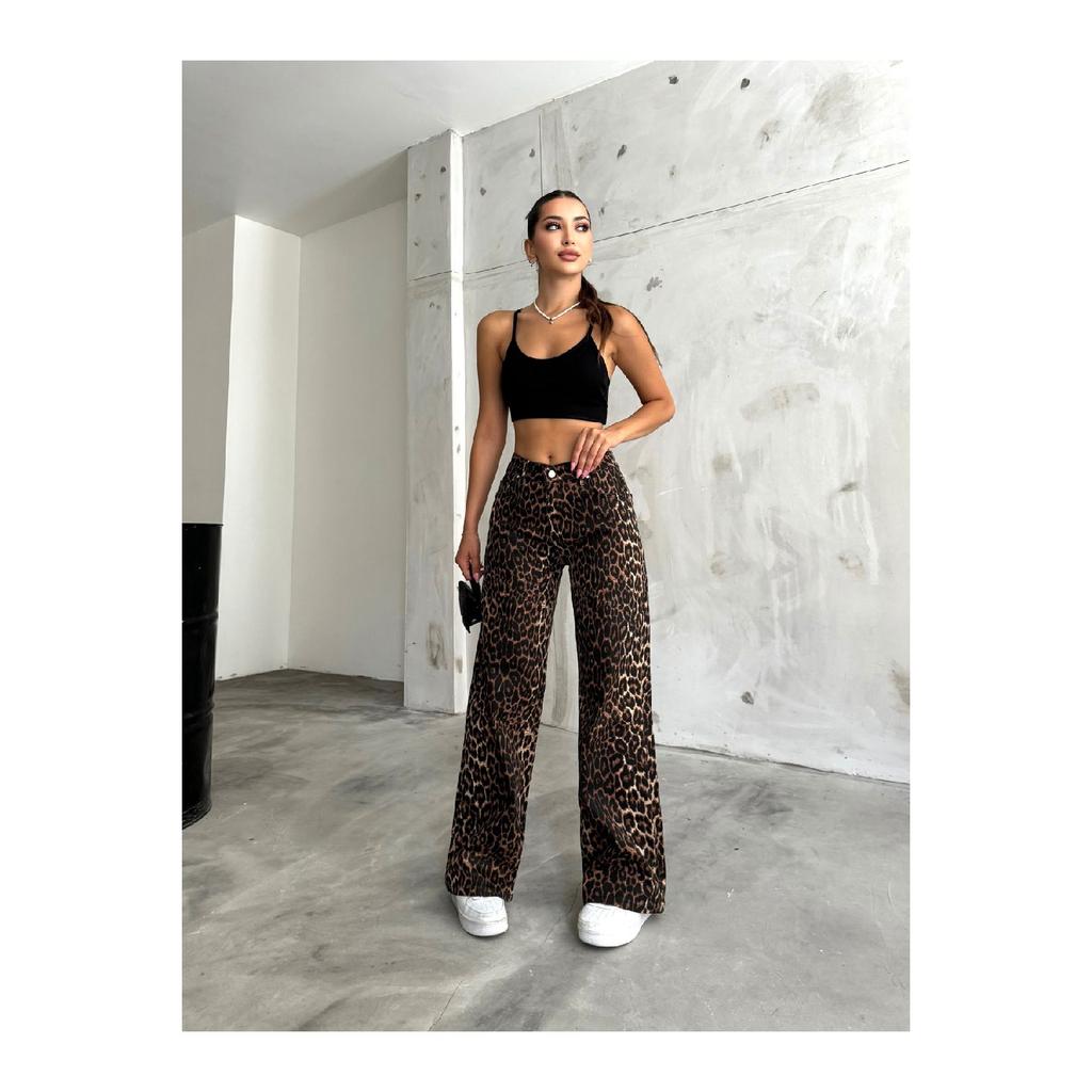 Women's Leopard Patterned High Waist Wide Leg Lycra Palazzo Pants
