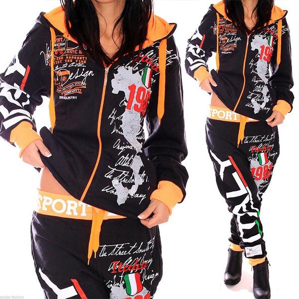 Новая женская модная толстовка с принтом, комплект для бега, толстовка с капюшоном и брюки, спортивные костюмы