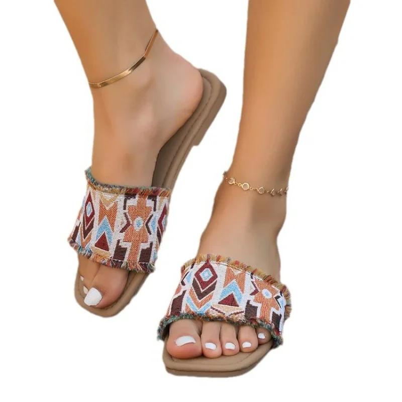 Женские ретро-тапочки из ткани, новые модные летние мягкие легкие нескользящие сандалии, повседневная обувь на плоской подошве для отдыха на открытом воздухе