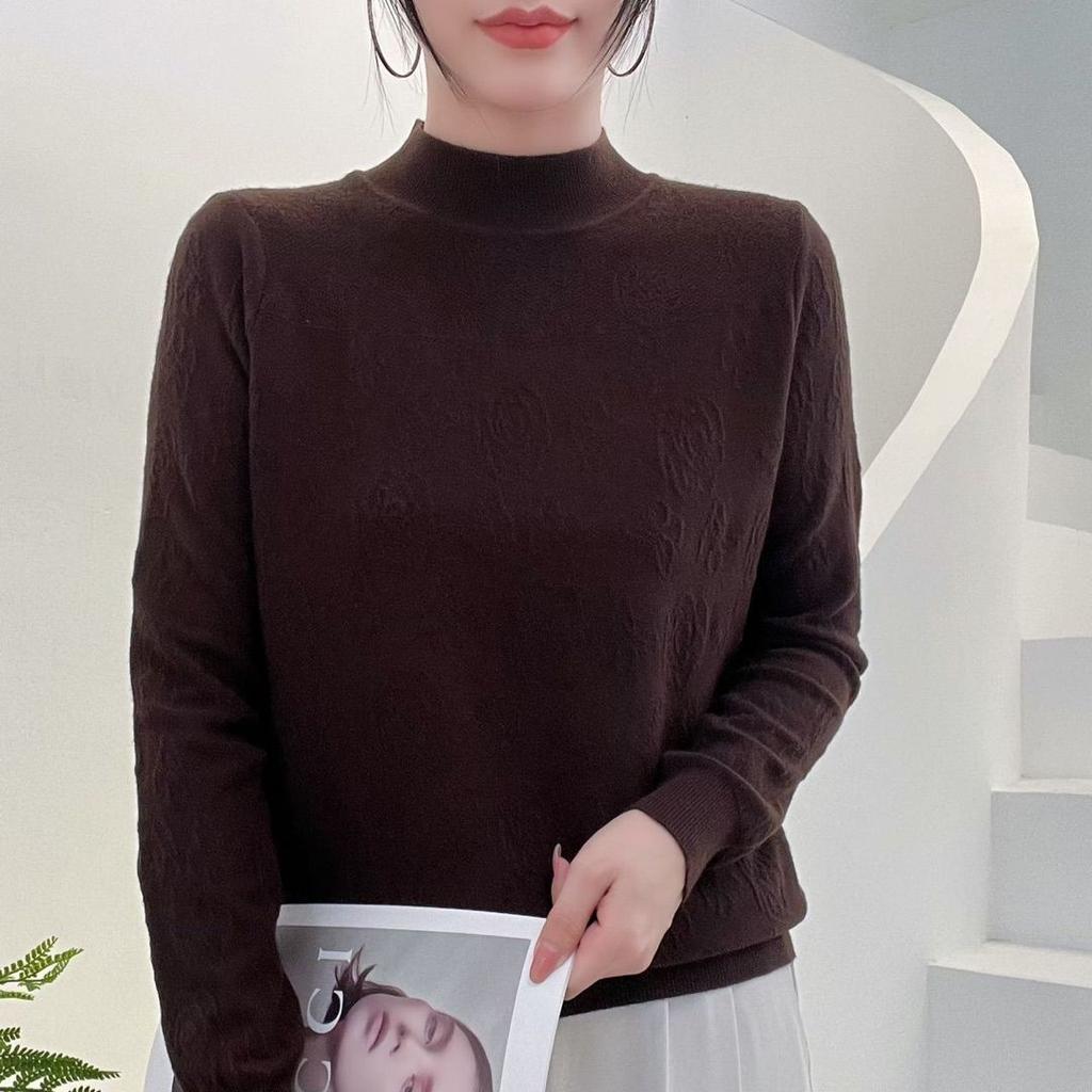 Осенне-зимний женский кружевной свитер с полувысоким воротником, свободный вязаный пуловер с резным узором, однотонный вязаный топ