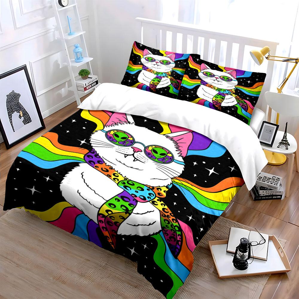 Cat, aliens, rainbow, stars. Bedding sets Duvet cover sets Duvet covers Pillowcases(1*Duvet Cover 2*Pillowcases without duvet insert)