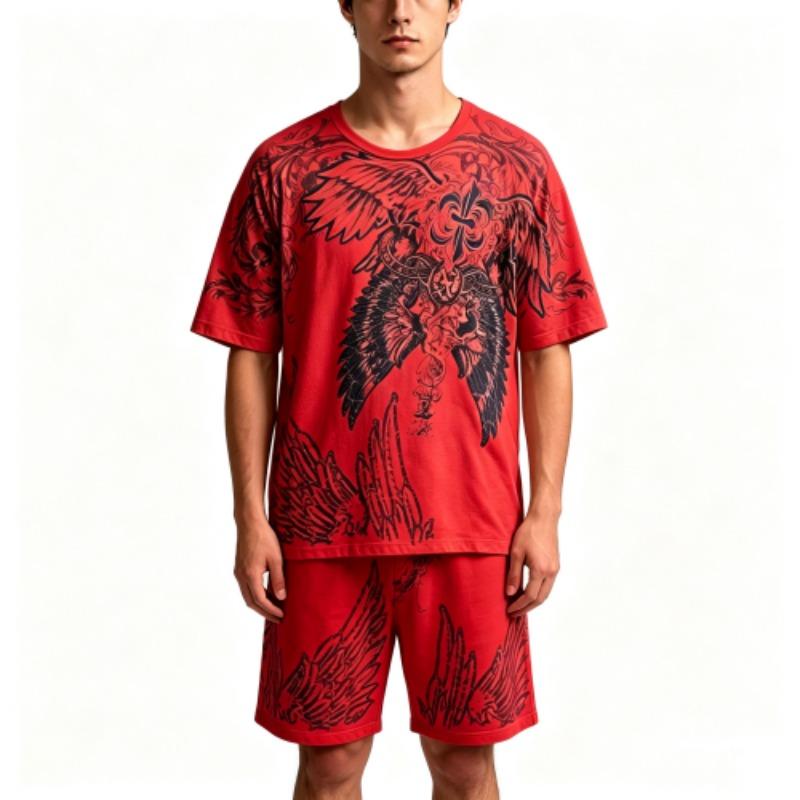 Summer Casual Angel Wing Printed Round Neck Short Sleeved T-Shirt And Shorts Set Men's and Women's T-shirt Shorts Set