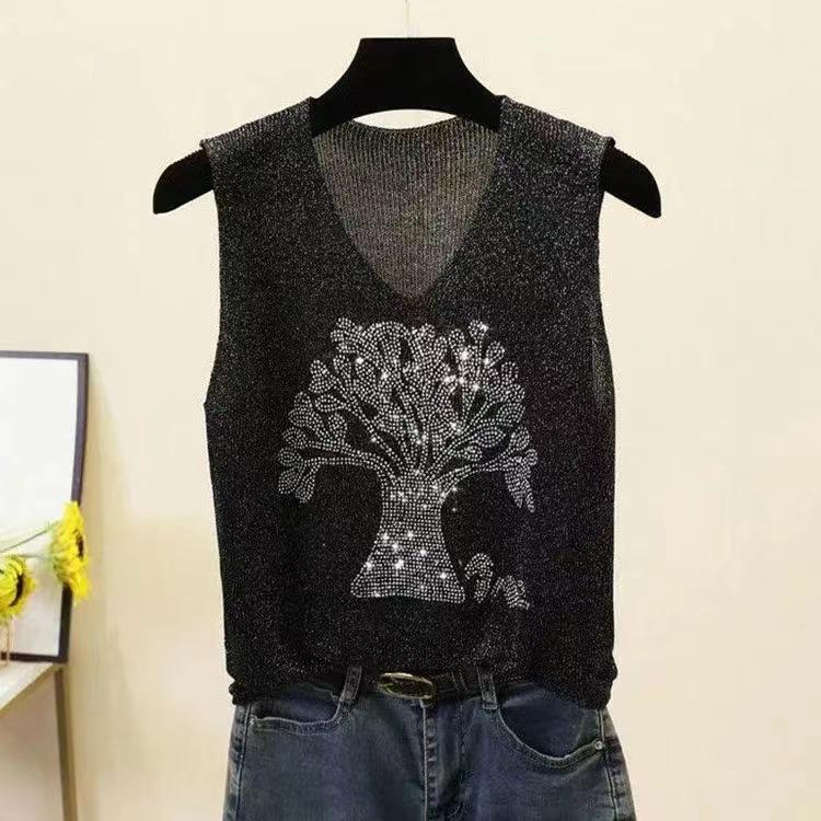 2023 Блестящий шелковый женский жилет без рукавов с V-образным вырезом - Новый стиль весна/лето, свободный крой с вязаным дизайном на бретелях с горячими бриллиантами