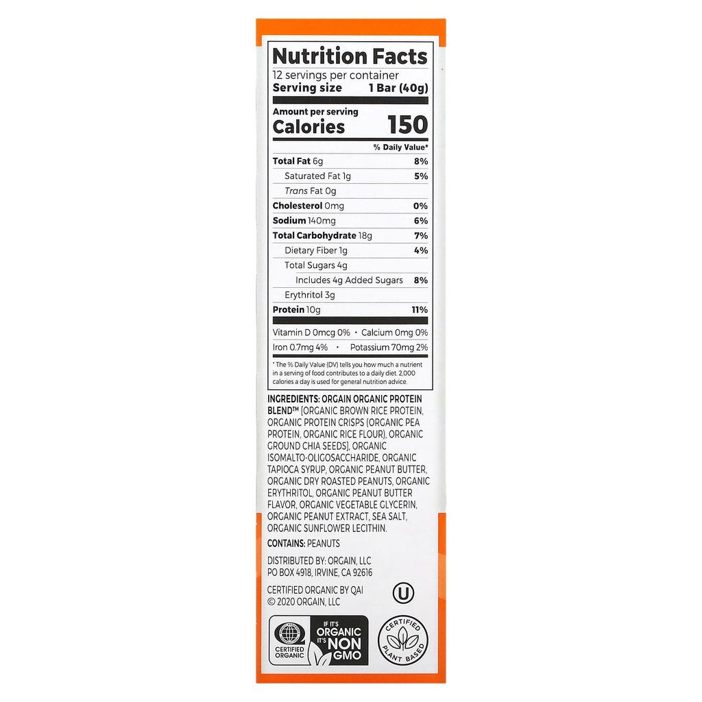 Orgain Organic Plant-Based Protein Bars, Peanut Butter, 12 Bars, 1.41 Oz (40 G) Each