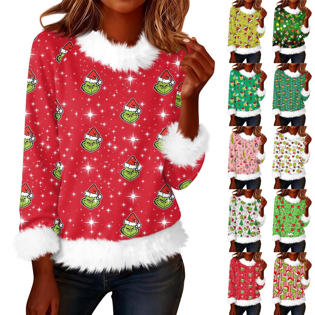 Женская модная рождественская футболка с принтом, круглым вырезом и длинными рукавами, повседневный пуловер