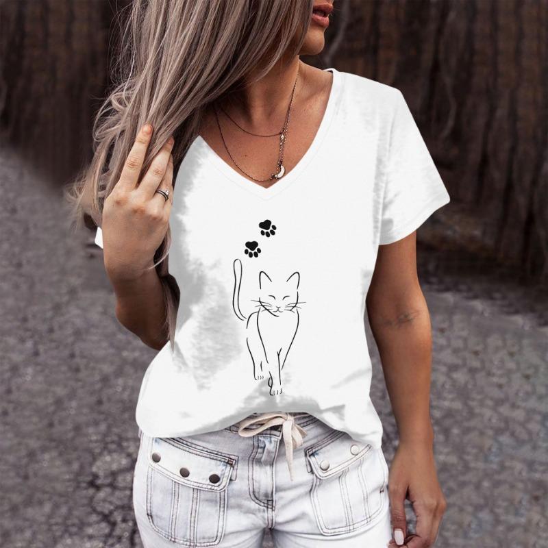 European and American Women's V-neck T-shirt Personalized Cartoon Cat Pattern 3D Printed Short Sleeve Fashion Trend Top