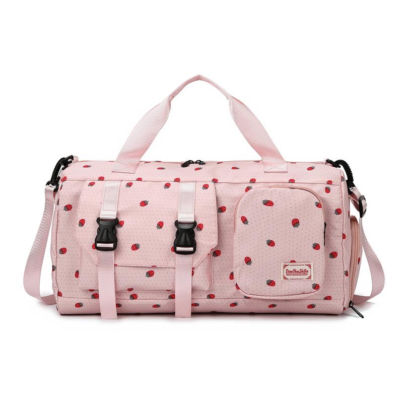 Large-capacity strawberry-themed yoga gym bag with separate compartments for wet and dry items, waterproof, suitable for swimming, and ideal for