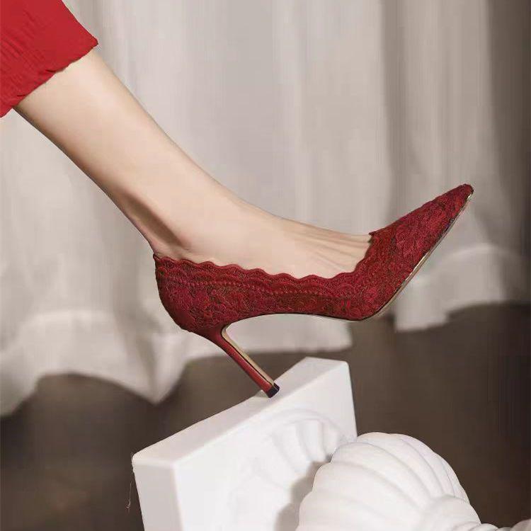 Национальные белые свадебные туфли туфли для невесты нишевые кружевные остроносые тонкий каблук мелкий вырез французские высокие каблуки темпераментная светская львица