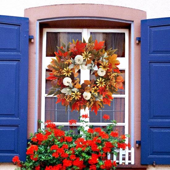 Искусственный осенний венок для входной двери 18" Венок из кленовых листьев с тыквой, цветком и ягодами для урожая, Дня благодарения, фермерского дома